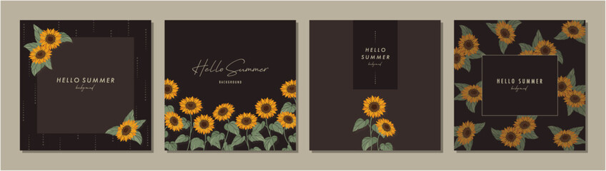 ひまわり ヒマワリ 夏  sunflower 素材セット フレーム 背景 ベクターイラスト シンプル おしゃれ