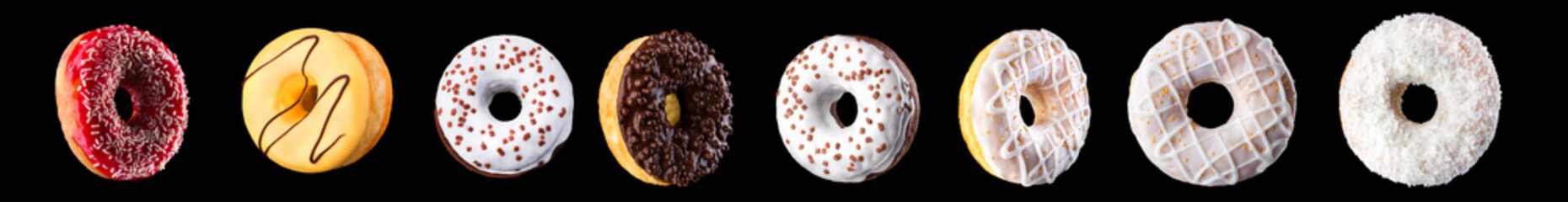 Set of chocolate donut isolated on a black background with reflection