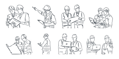 Collection of Engineers constraction working together with tools, hand drawn line drawing vector illustration