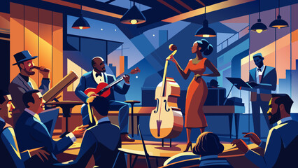 Fototapeta premium Vibrant Jazz Club Scene with Musicians and Singer Performance