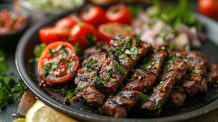a serving of grilled turkish kebabs, meat on skewers, infused with herbs and spice