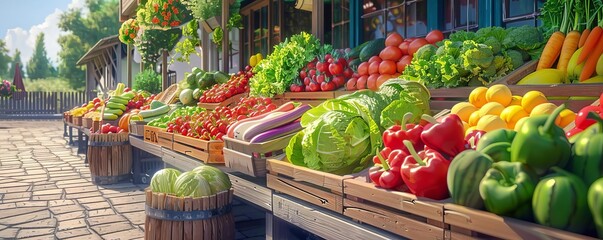 Fresh vegetables and fruits are beautifully displayed at an outdoor market, showcasing vibrant colors and a variety of healthy options.