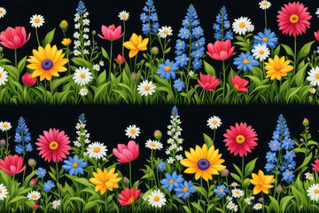 Cartoon Color Floral Seamless Border with Flowers and Leaves Spring Concept Flat Design Style . Vector illustration