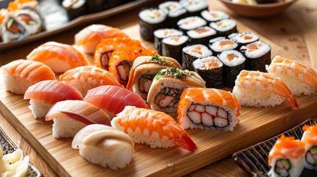 Assorted sushi platter with various types of sushi including nigiri, maki rolls, and sashimi on a wooden board, featuring fresh seafood.
