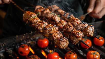 a serving of grilled turkish kebabs, meat on skewers, infused with herbs and spice