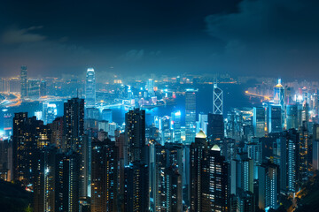 City Skyline at Night: Aerial View of Illuminated Skyscrapers