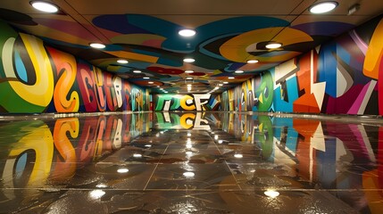 Graffiti art style wall with colorful letters in the subway, reflection on the wet floor