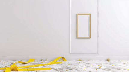 Minimalist room with a single picture frame on a white wall, yellow ribbons, and a marble floor. 3D rendered mockup, ultra HD.
