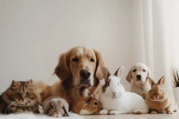 Adorable furry pets sitting together, showcasing the love, joy, and happiness they bring to family life. Featuring cute dogs, cats and rabbits isolated against a white background. Space for copy.