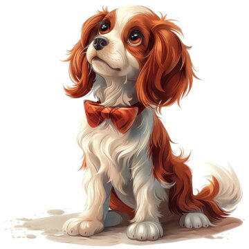 A cute dog with a red bowtie is sitting on a white background