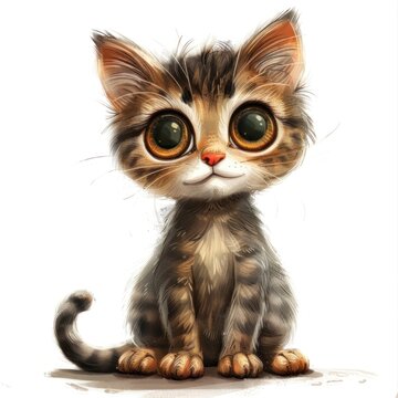 A cute orange kitten with big eyes is sitting on a white background