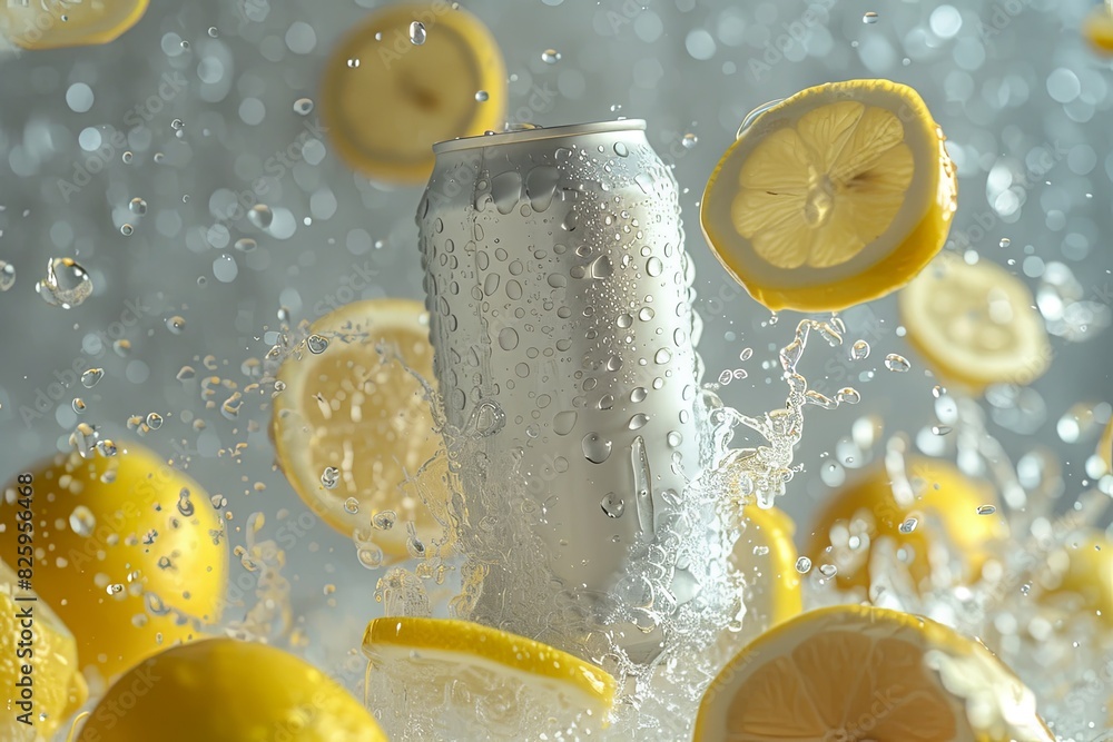 Poster can falling through the air, condensation on the can. Sliced lemons in the background