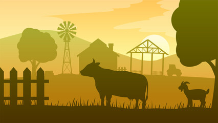 Landscape illustration of farm silhouette with cow and goat