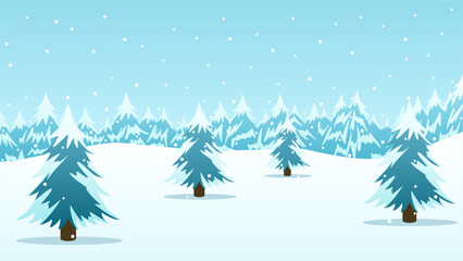 Fototapeta premium Landscape illustration of snowy pine forest in winter with snowfall