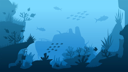 Fototapeta premium Landscape illustration of shipwreck in the deep sea with coral reefs