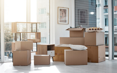 Cardboard boxes, new home and moving logistics for real estate, property and shipping parcels....