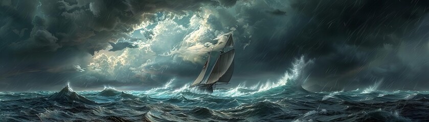 Dramatic seascape with a solitary ship battling through turbulent waves under a stormy sky, encapsulating the power and beauty of nature.