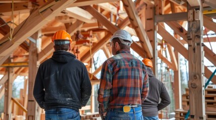 A group of builders taking a break and admiring the progress of their timber frame project with the wooden beams and intricate construction visible in the background.