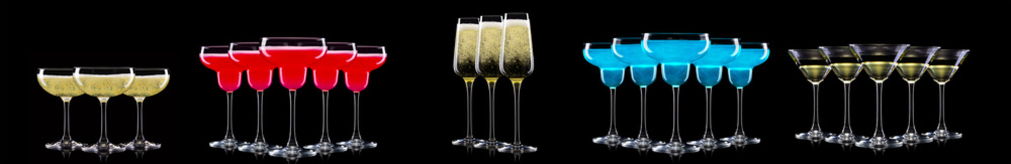 Set of different glasses for drinks and cocktails on black background