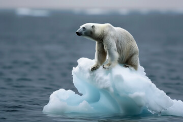 A polar bear is sitting on top of a large block of ice. The bear is looking out over the water, and the sky is clear and blue. Concept of isolation and loneliness