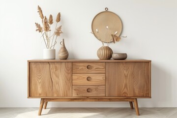 Wooden sideboard with vases and dried plants