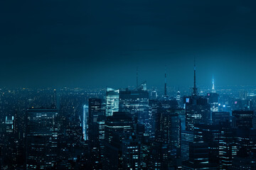 Obraz premium City Skyline at Night: Aerial View of Illuminated Skyscrapers