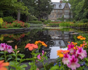 Fototapeta premium Historic Mansion Garden with Lily Pond and Colorful Flowers