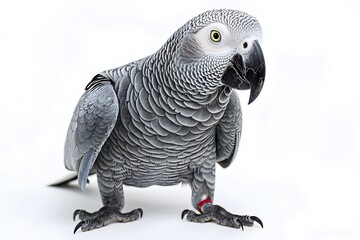 Captivating Grey Parrot Perched and Gazing Intently on White Backdrop