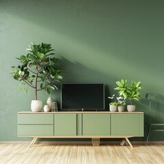 Modern green-themed living room with TV stand and plants