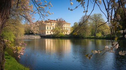 Obraz premium Baroque-Style Palace by a Calm River with Spring Blossoms