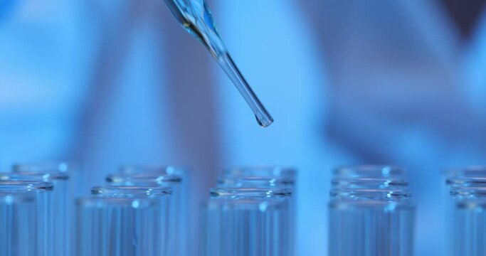 Scientist using pipette to add blue liquid to test tube in laboratory