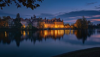 Twilight Reflections of a Lit Historical Palace on the River