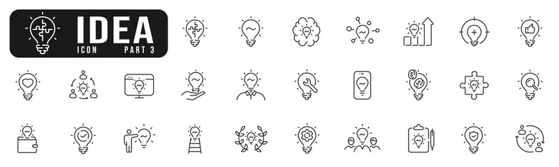 Creative idea line icon set. Innovation, lightbulb, solution, inspiration etc. Editable stroke. Part 3