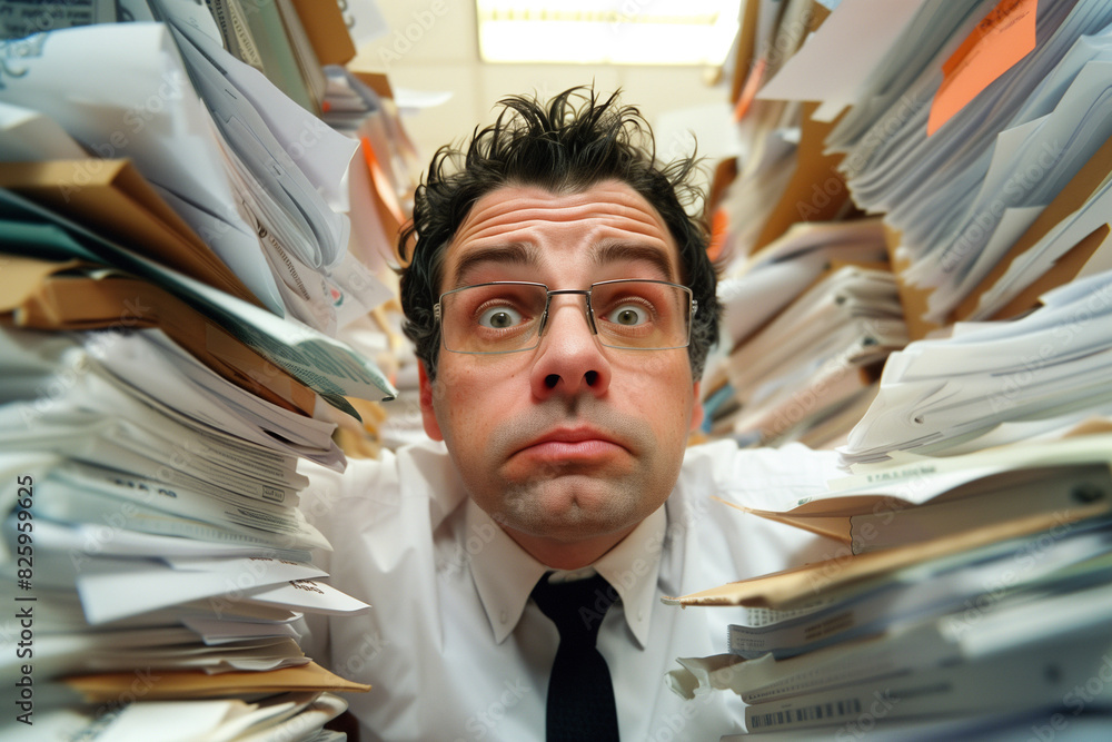 Poster a man is sitting at a desk with a pile of papers in front of him. he is wearing a tie and he is in a