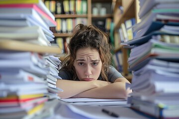 A woman is lying on a pile of papers and looking shocked. Concept of panic and disorganization