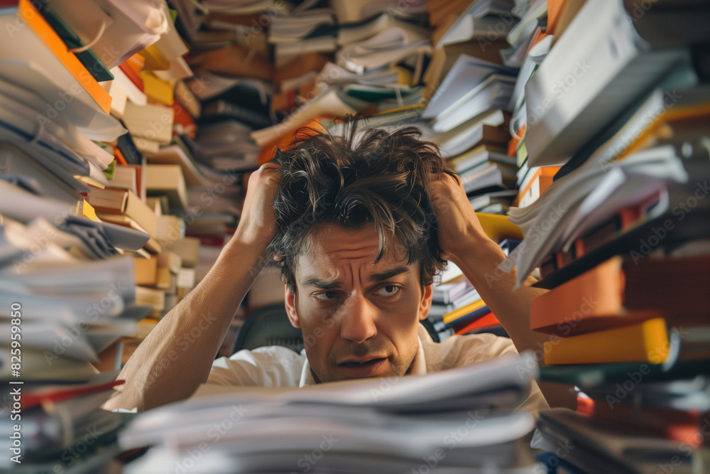 Poster a man is sitting at a desk with a pile of papers in front of him. he is wearing a tie and he is in a