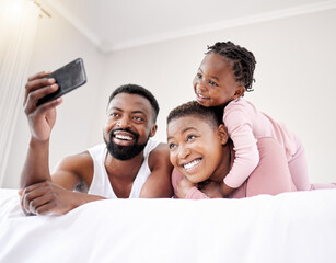 Black family, selfie and smile in bedroom for memories in home with love, bonding and relax on...