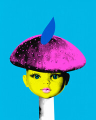 Contemporary art collage. Surreal artwork in vibrant trendy colors. Yellow doll's head adorned with large, pink mushroom cap. Concept of surrealistic representation of simple things, fashion and style