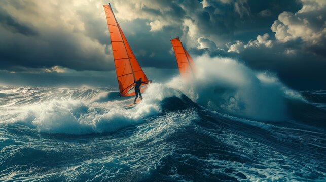 Dramatic image of a sailor navigating stormy seas on a sailboat with vivid orange sails against a backdrop of ominous dark clouds, capturing the essence of adventure.
