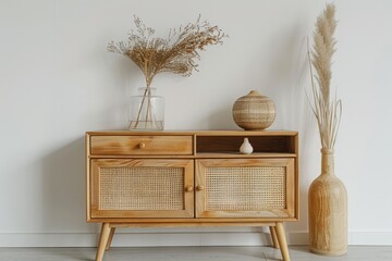 Minimalist wooden sideboard with dried plant decor