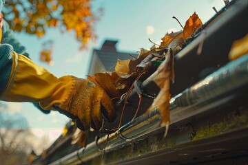 hands wearing rubber gloves, pulling out leaves and twigs from a gutter, with the home's roofline autumn fall