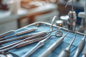 Dentists room office. Closeup of different dental instruments and tools.