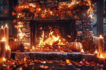 A crackling fireplace adorned with autumn decor like pumpkins, candles, and dried leaves, creating a warm and inviting atmosphere - Powered by Adobe