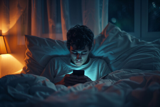 A man is lying in bed and looking at his phone. The room is dimly lit, and the man is focused on his phone. Scene is somewhat lonely and introspective