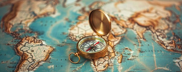 Magnetic old compass on a world map. The antique compass and detailed map evoke a sense of exploration and adventure, highlighting travel and geography themes