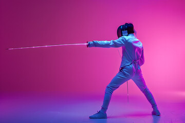 Fight in swordplay. Male fencer with sword practicing fencing on purple background.