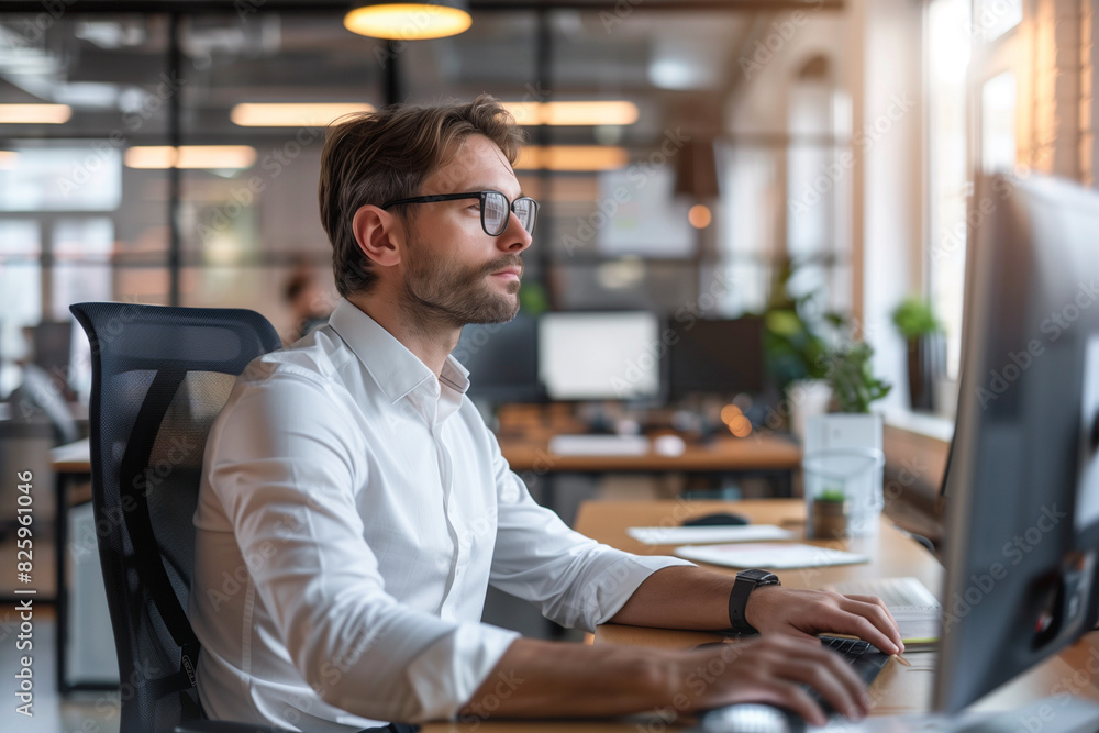 Poster a man with a beard is sitting at a desk with a computer monitor in front of him