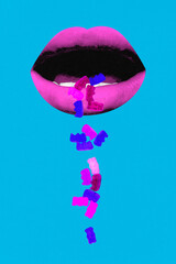 Contemporary art collage. Surreal artwork in vibrant trendy colors. Open mouth from which colorful...