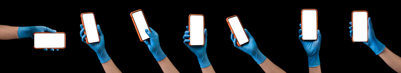 Doctor's hand in medical gloves holding phone isolated on black