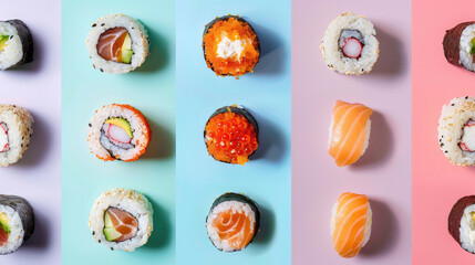 collage of sushi concept, pastel background